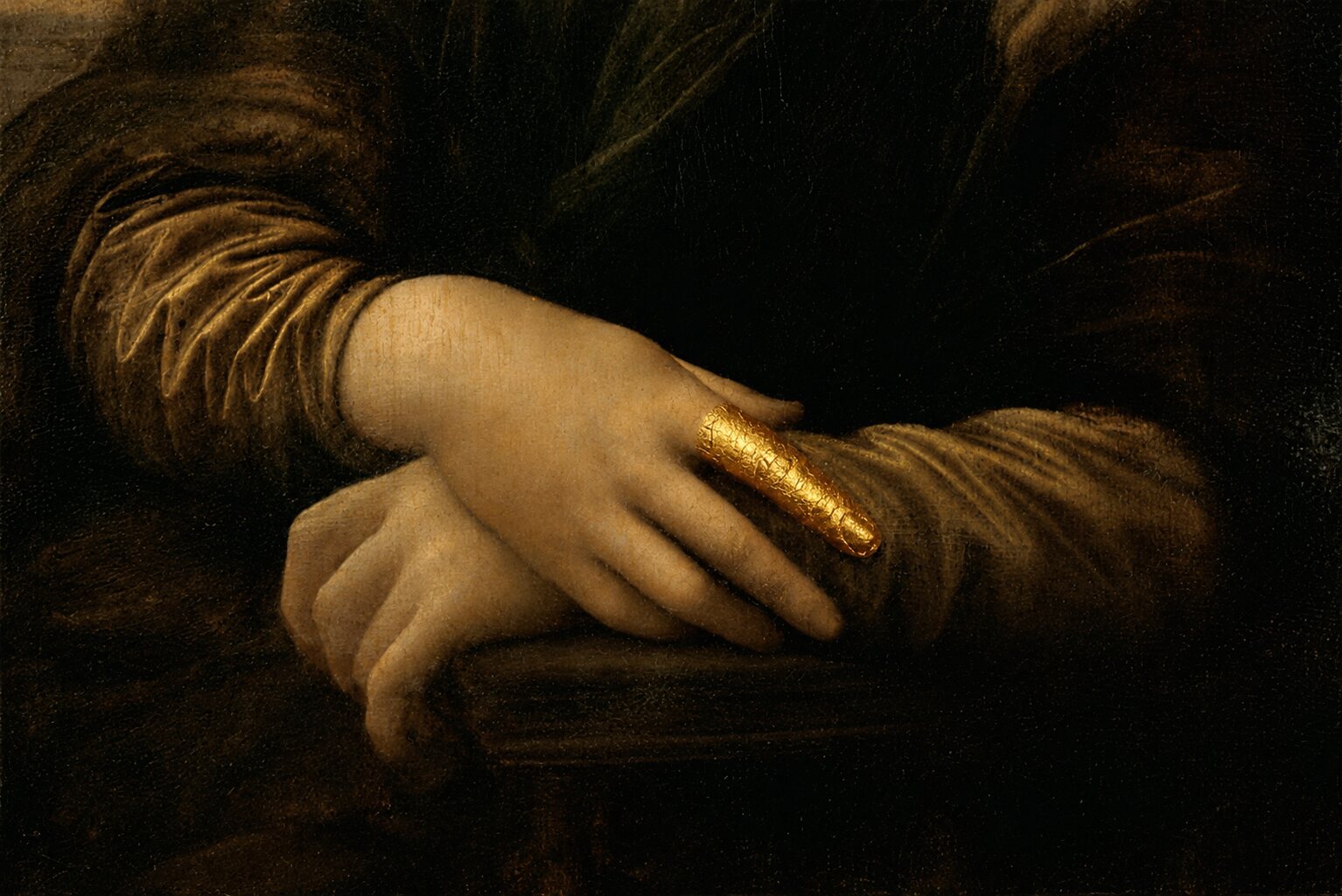 Detail of the Mona Lisa with one finger gilded in gold.