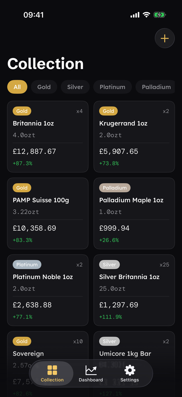 The collection screen, showing coins and bars grouped by product.