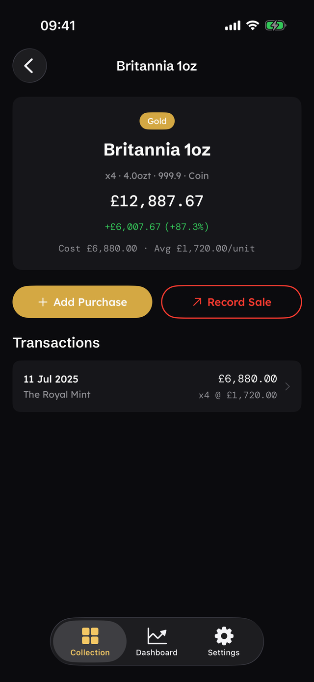 An item detail screen showing purchase history for a product.